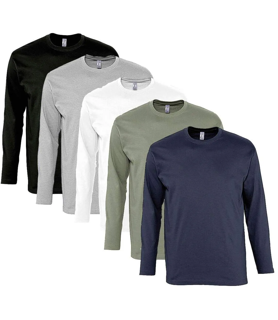 5 Men's Long Sleeve T-Shirts - Black Gray White Khaki Navy