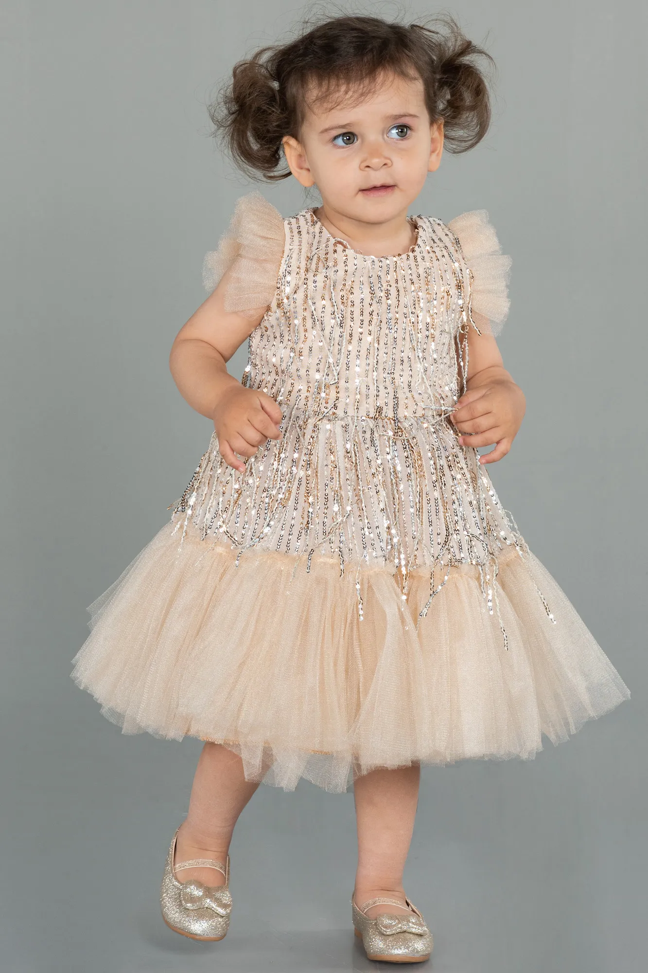 ABK1718 Children's White Shimmery Mid-Calf Evening Dress