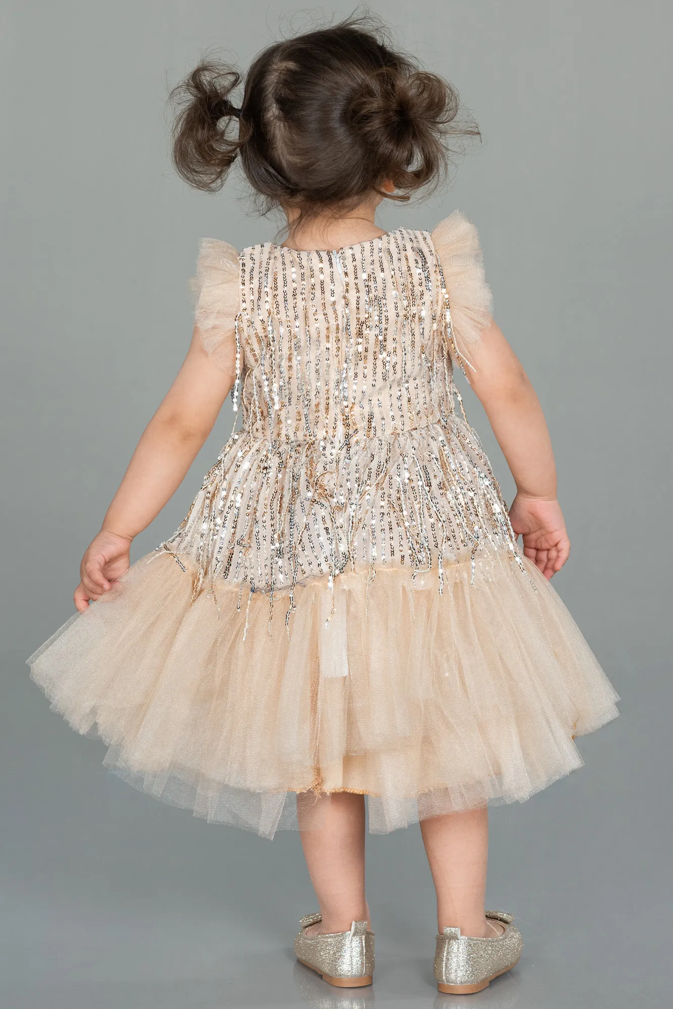 ABK1718 Children's White Shimmery Mid-Calf Evening Dress