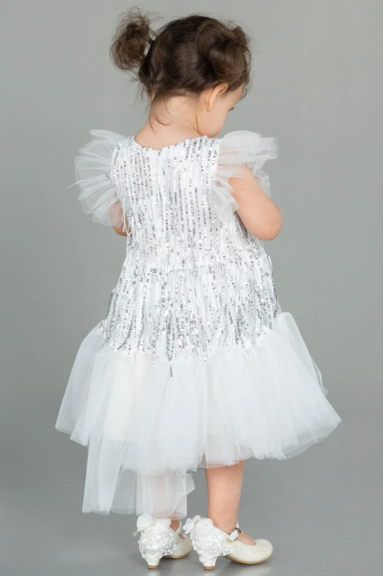 ABK1718 Children's White Shimmery Mid-Calf Evening Dress