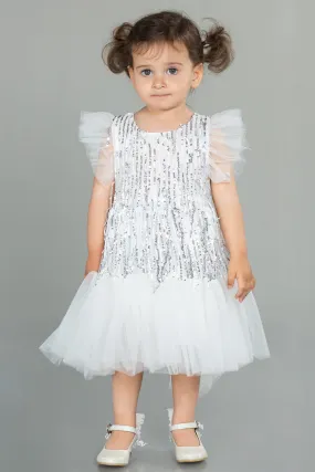 ABK1718 Children's White Shimmery Mid-Calf Evening Dress