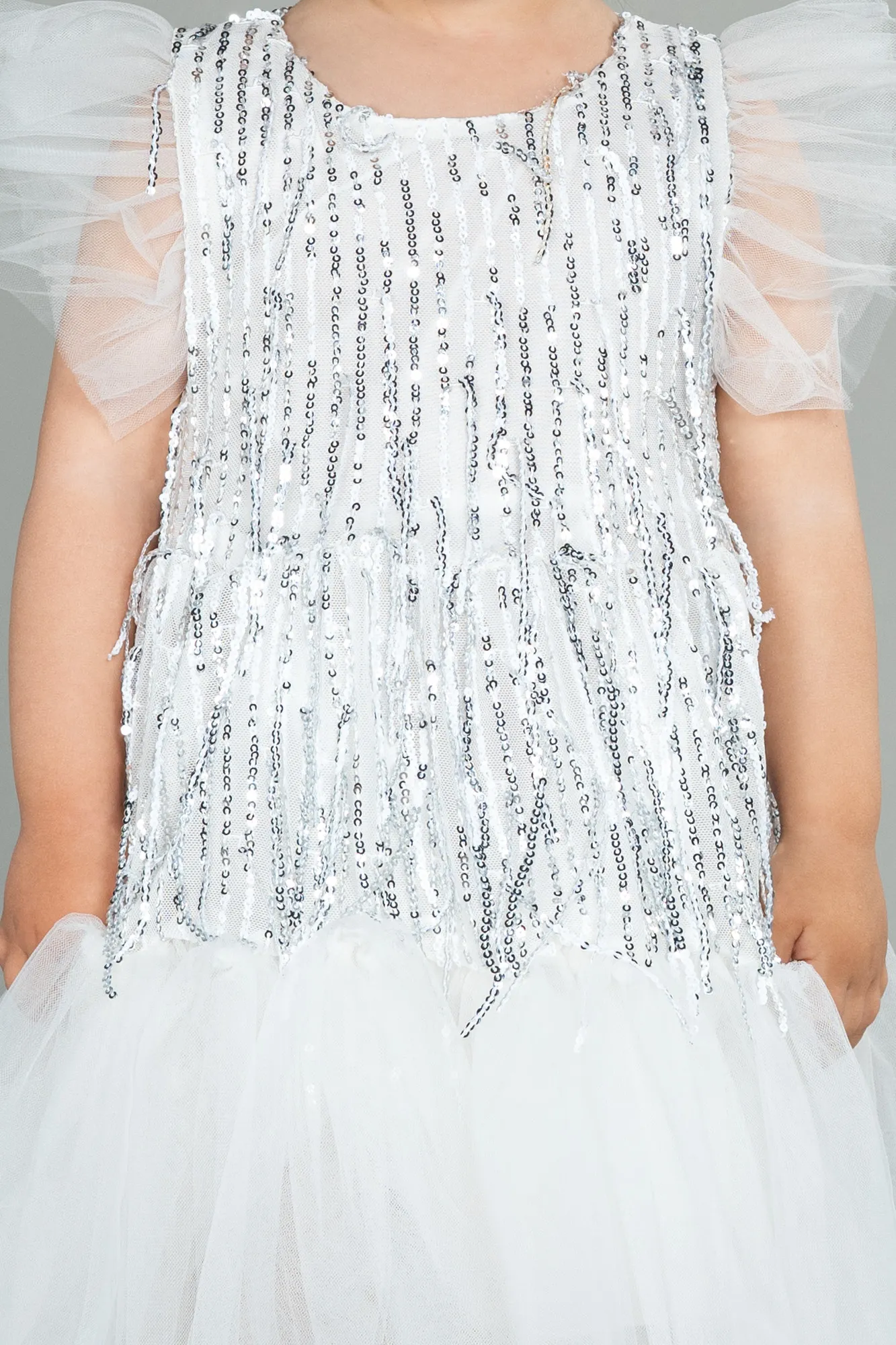 ABK1718 Children's White Shimmery Mid-Calf Evening Dress