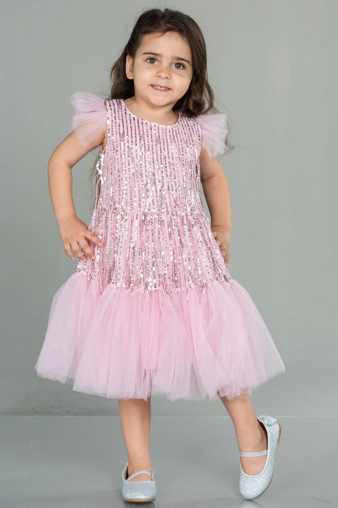 ABK1718 Children's White Shimmery Mid-Calf Evening Dress