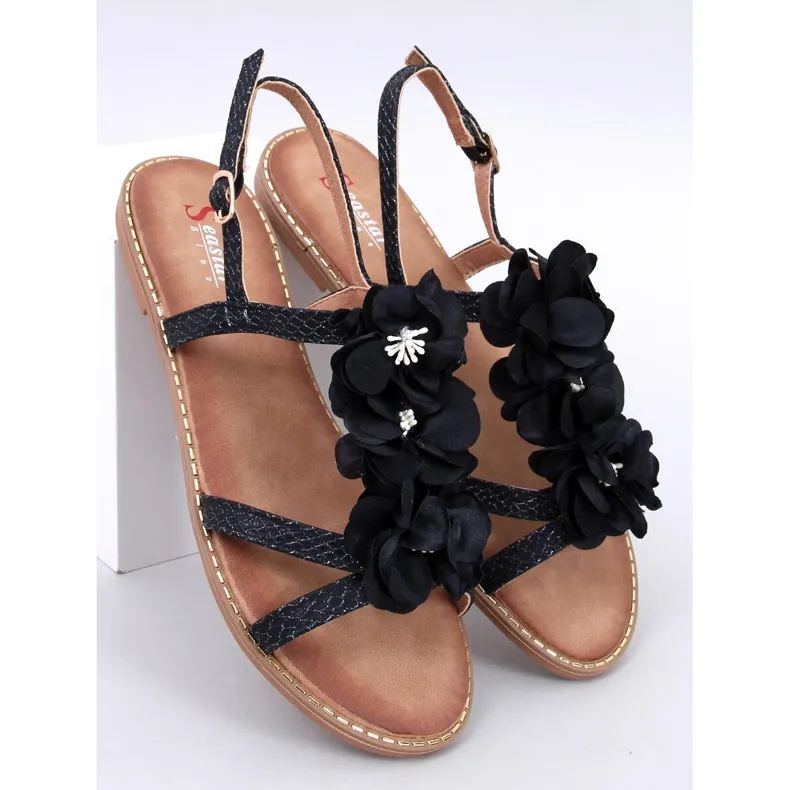 Black Sandals with Delicate Flowers - Amaur Black