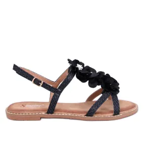 Black Sandals with Delicate Flowers - Amaur Black