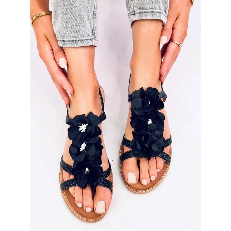 Black Sandals with Delicate Flowers - Amaur Black