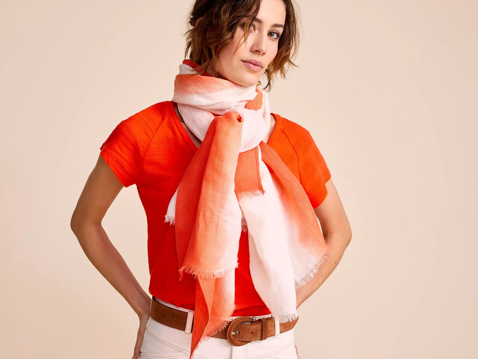 APRIL - Coral Linen Blended Dip Dye Scarf