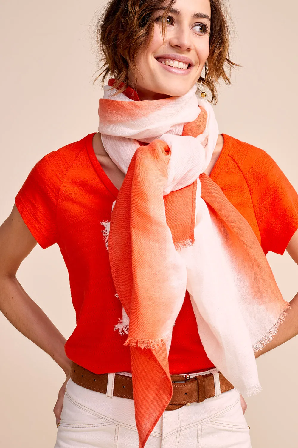 APRIL - Coral Linen Blended Dip Dye Scarf