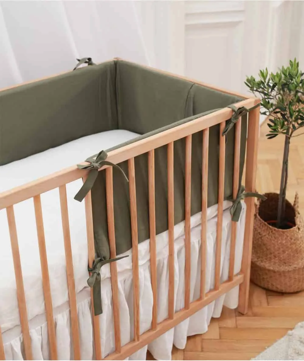 Babyly: Linen Baby Crib Bumper - Forest Green - Sustainable