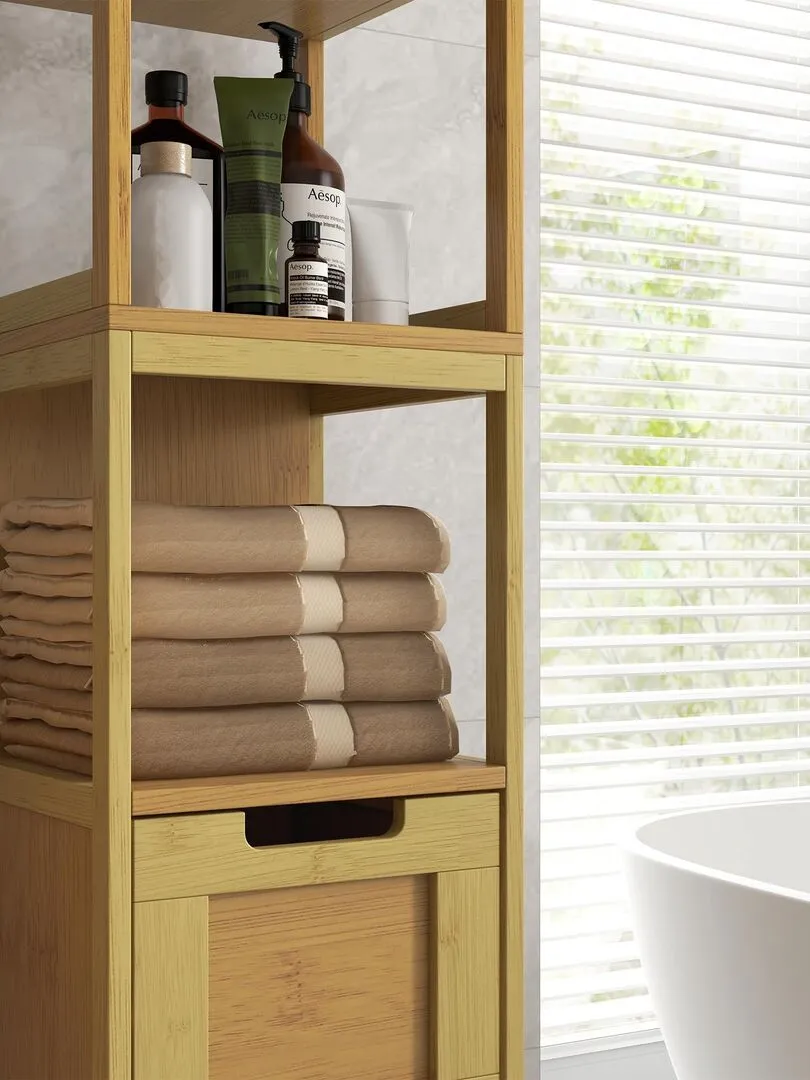 Bathroom Storage Column Unit MDF Light Wood Bamboo Finish - Beige