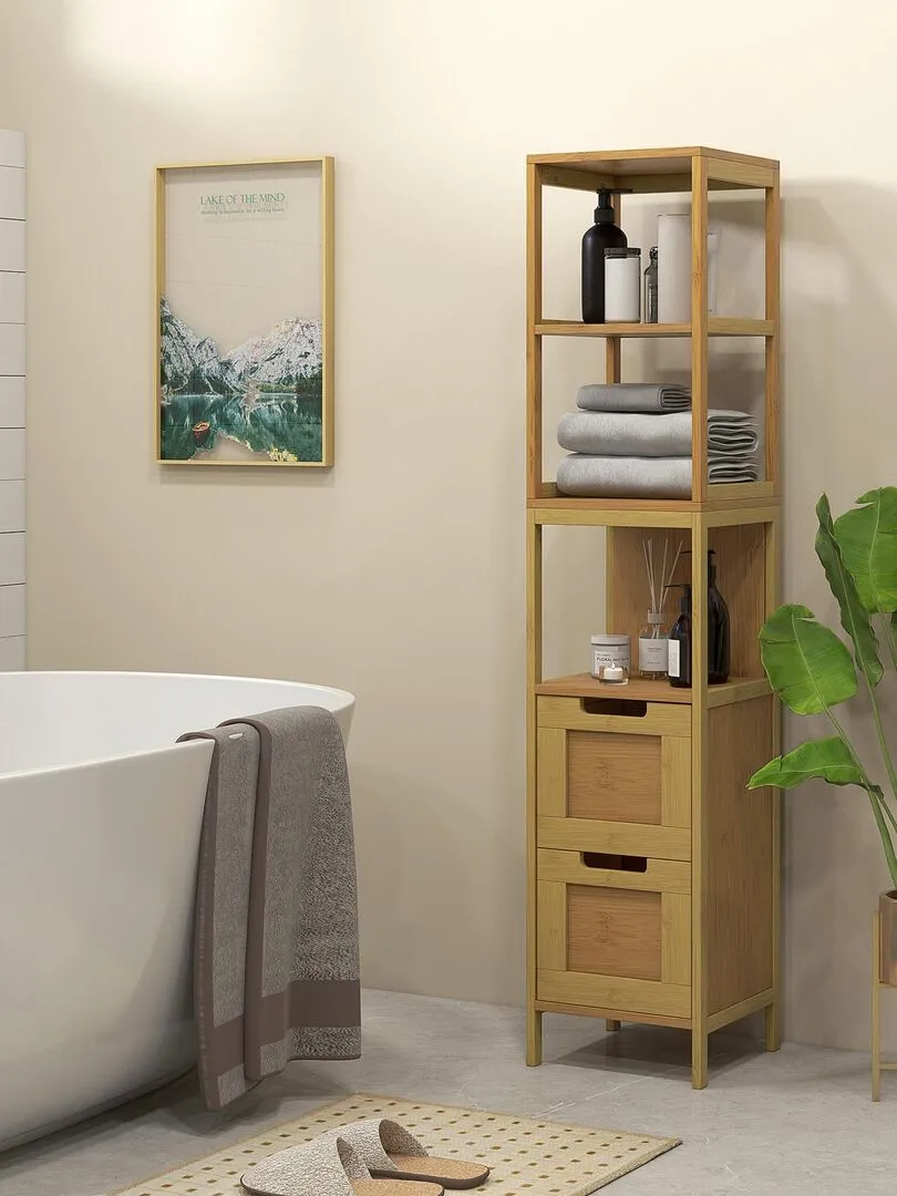 Bathroom Storage Column Unit MDF Light Wood Bamboo Finish - Beige