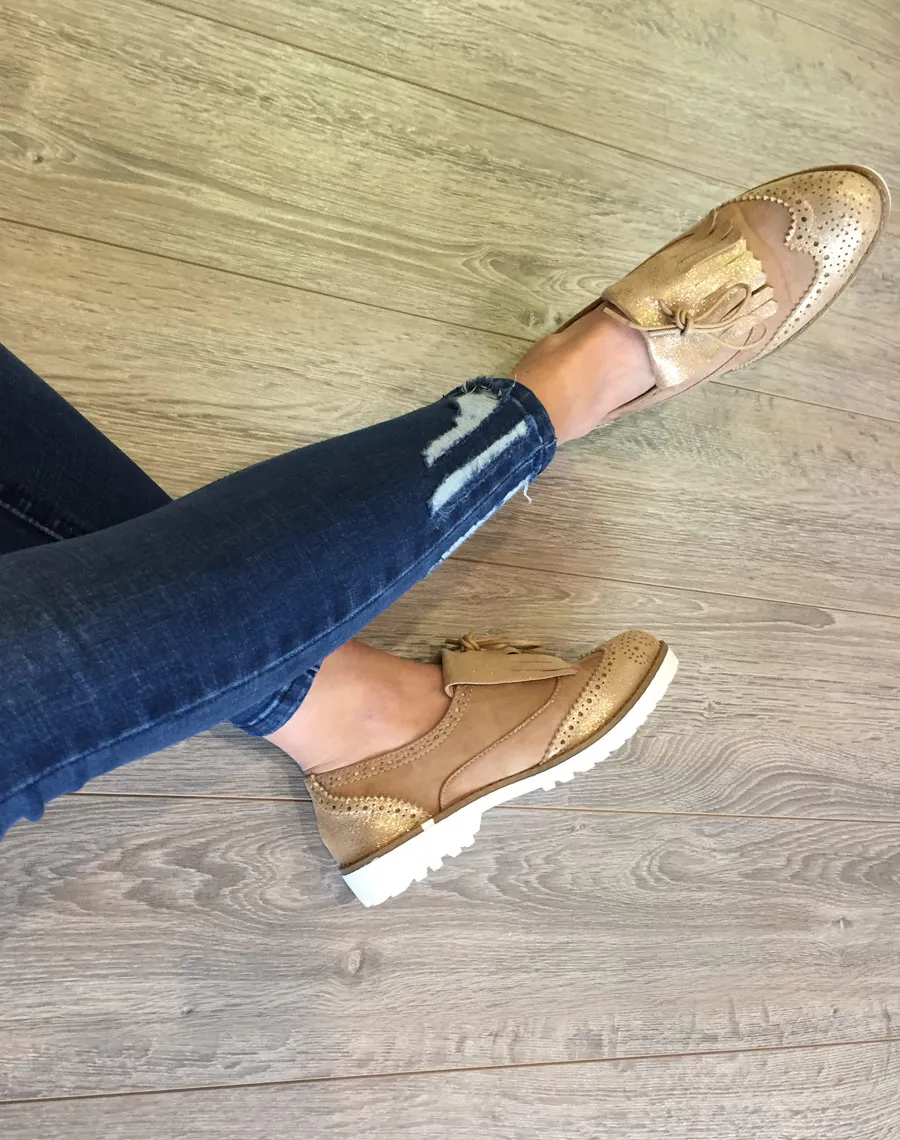 Beige and Champagne Fringe Bi-Material Derbies