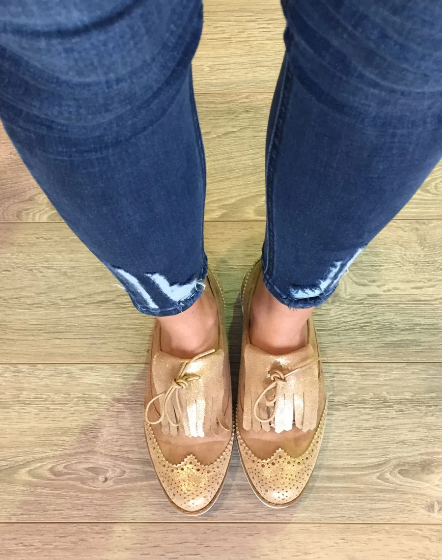 Beige and Champagne Fringe Bi-Material Derbies