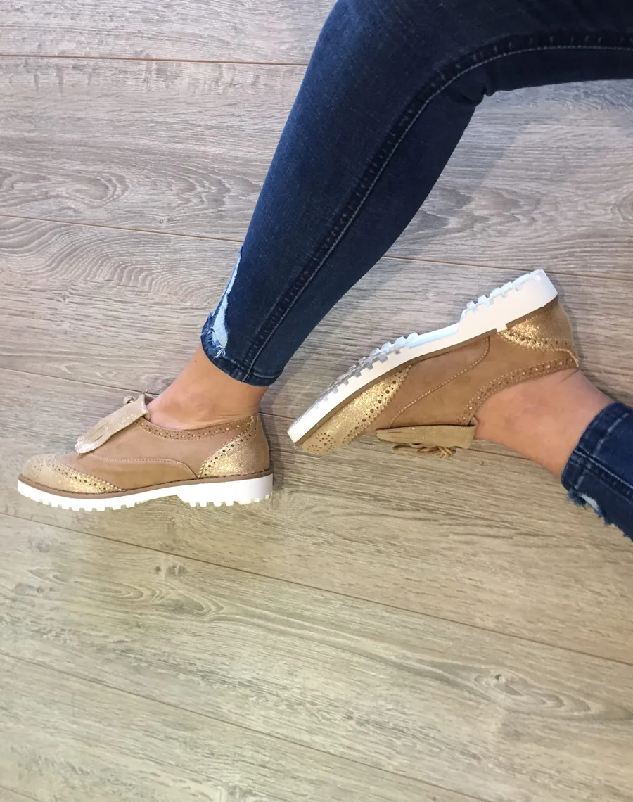 Beige and Champagne Fringe Bi-Material Derbies