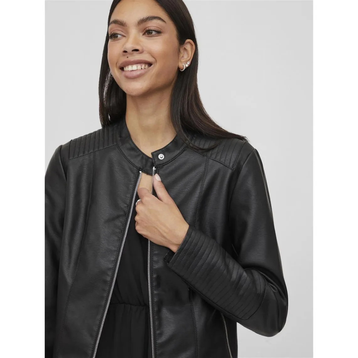 Black Faux Leather Biker Jacket with Biker Collar | 3 Suisses