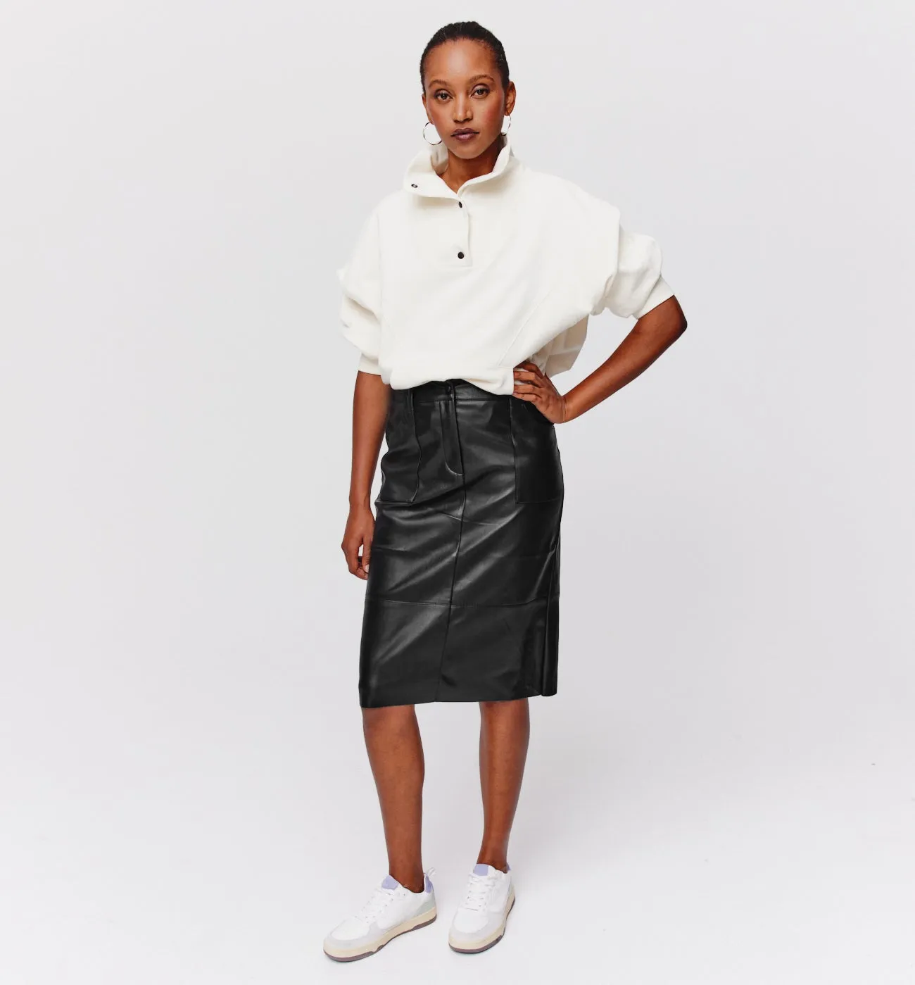 Black Faux Leather Midi Skirt for Women