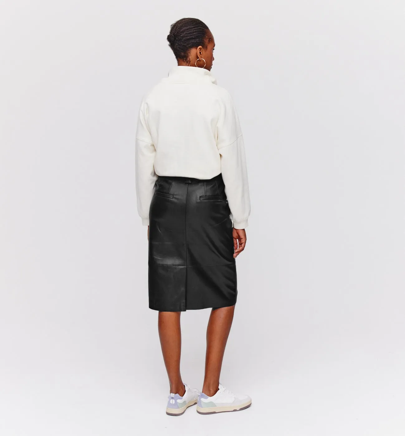 Black Faux Leather Midi Skirt for Women