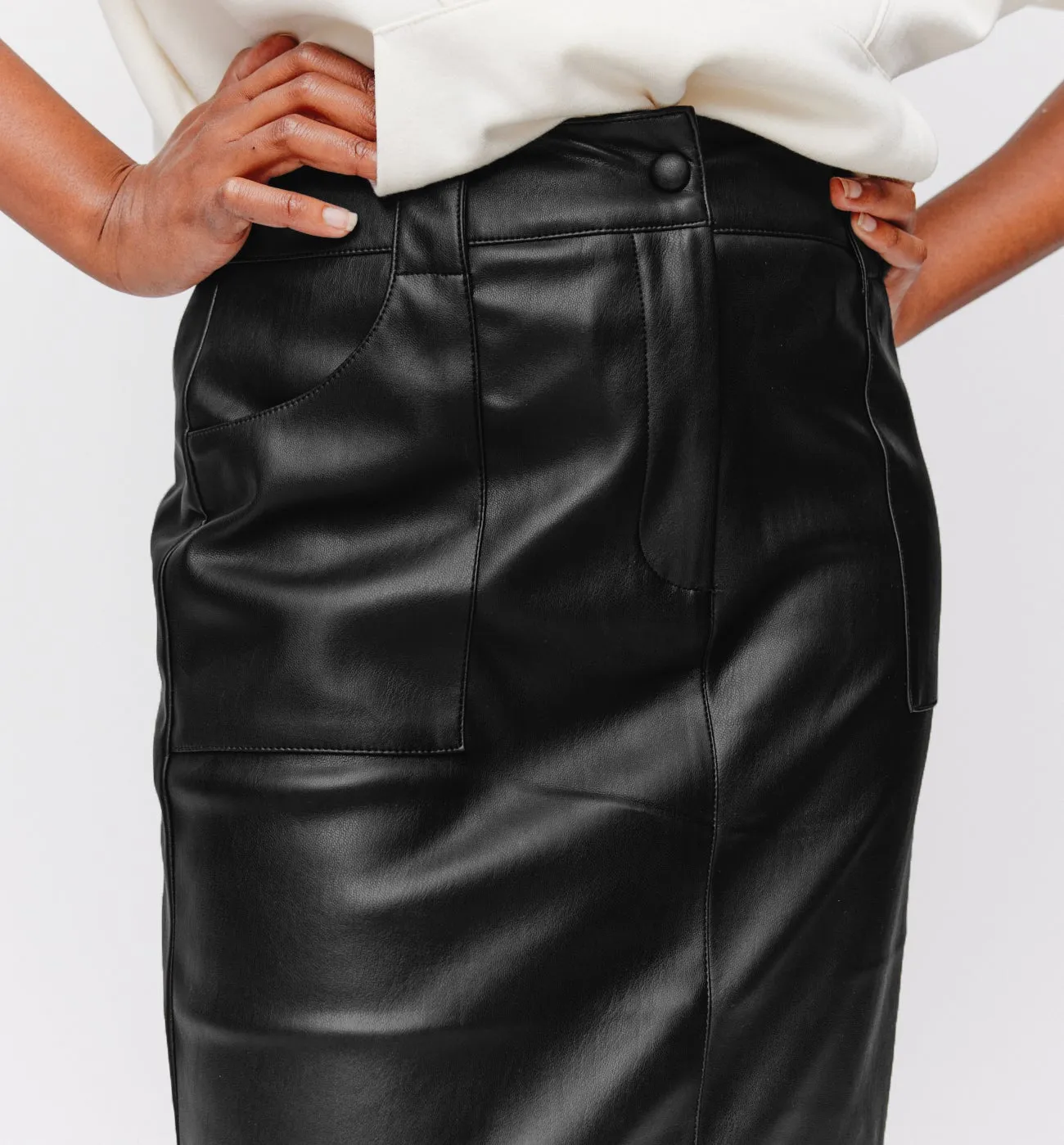 Black Faux Leather Midi Skirt for Women