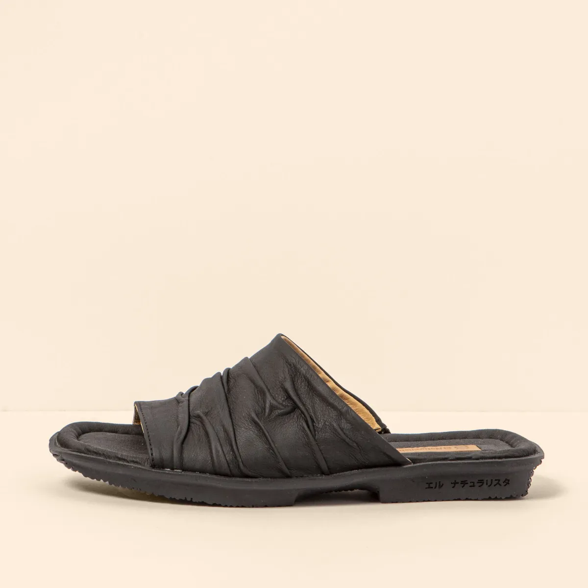 Black Pleated Leather Mules