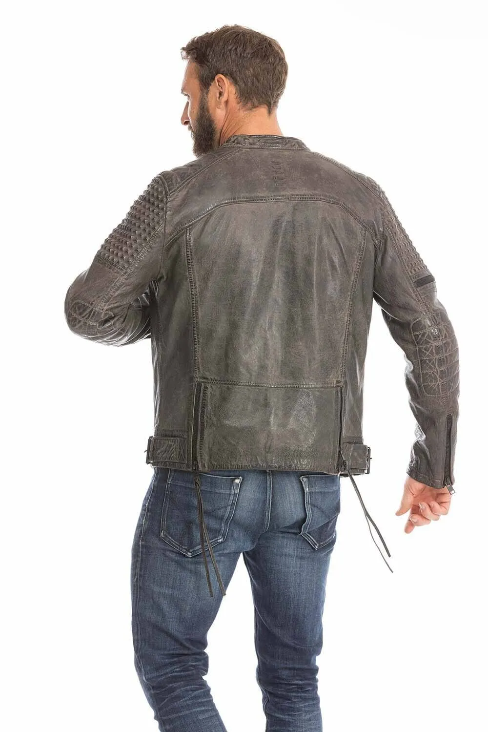 Gray men's biker style leather jacket trend