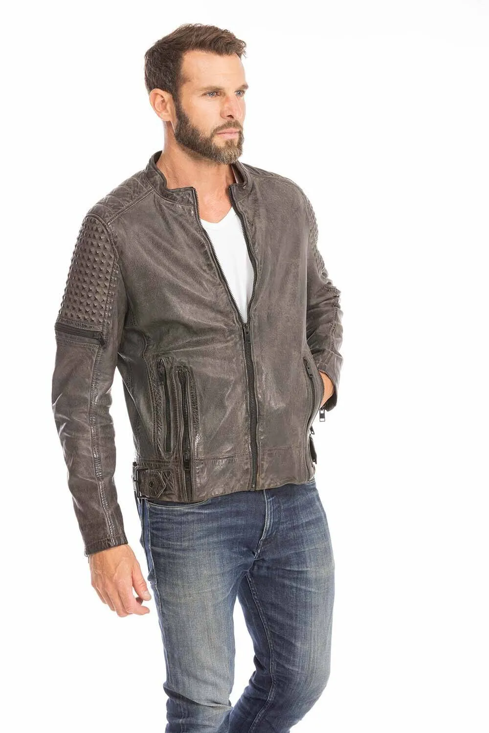 Gray men's biker style leather jacket trend