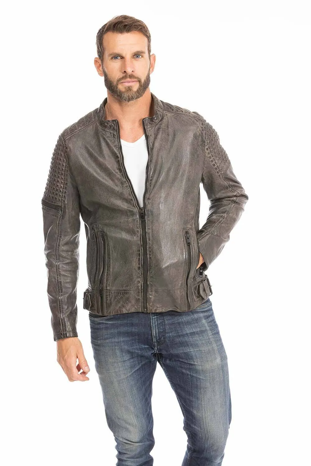 Gray men's biker style leather jacket trend