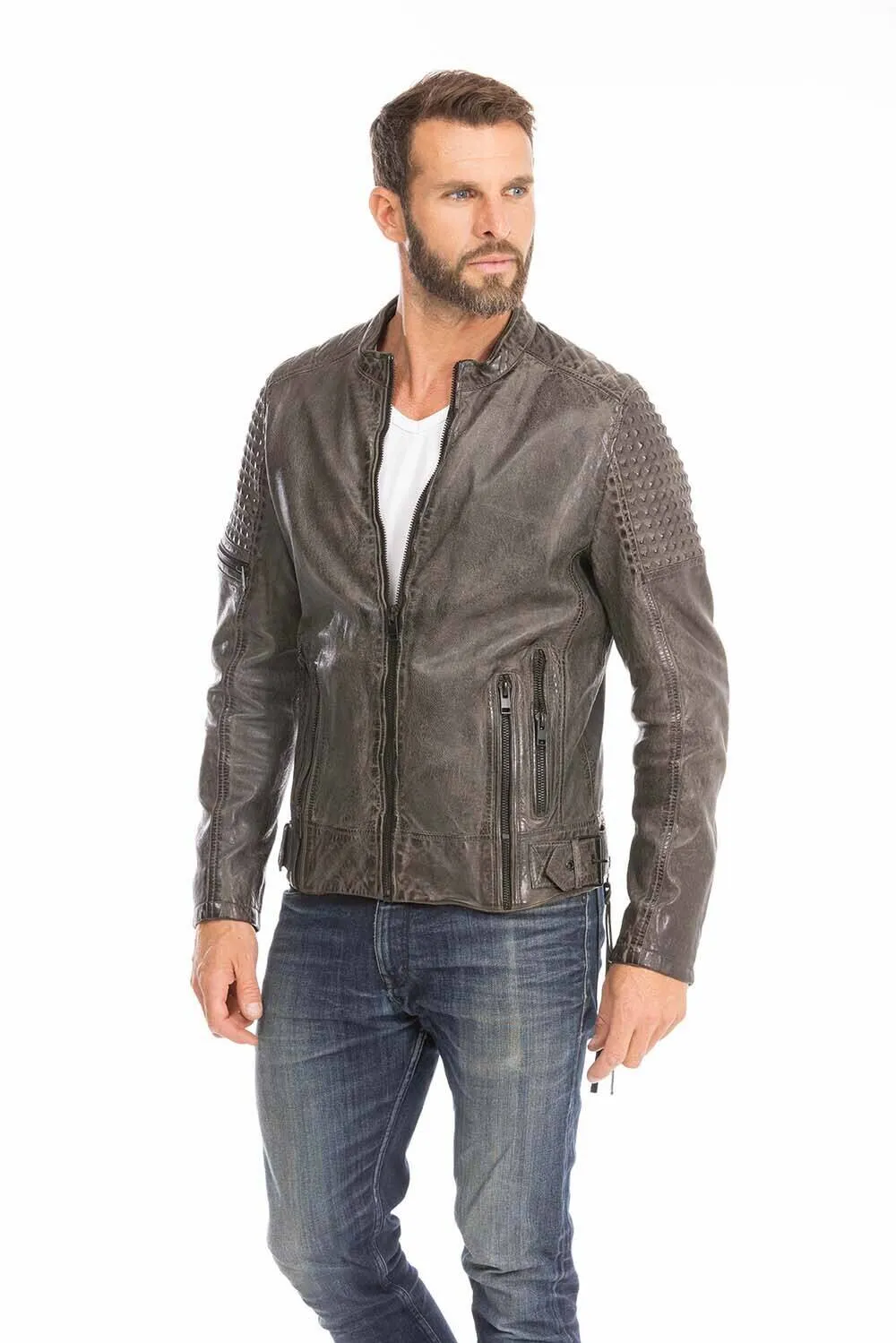 Gray men's biker style leather jacket trend