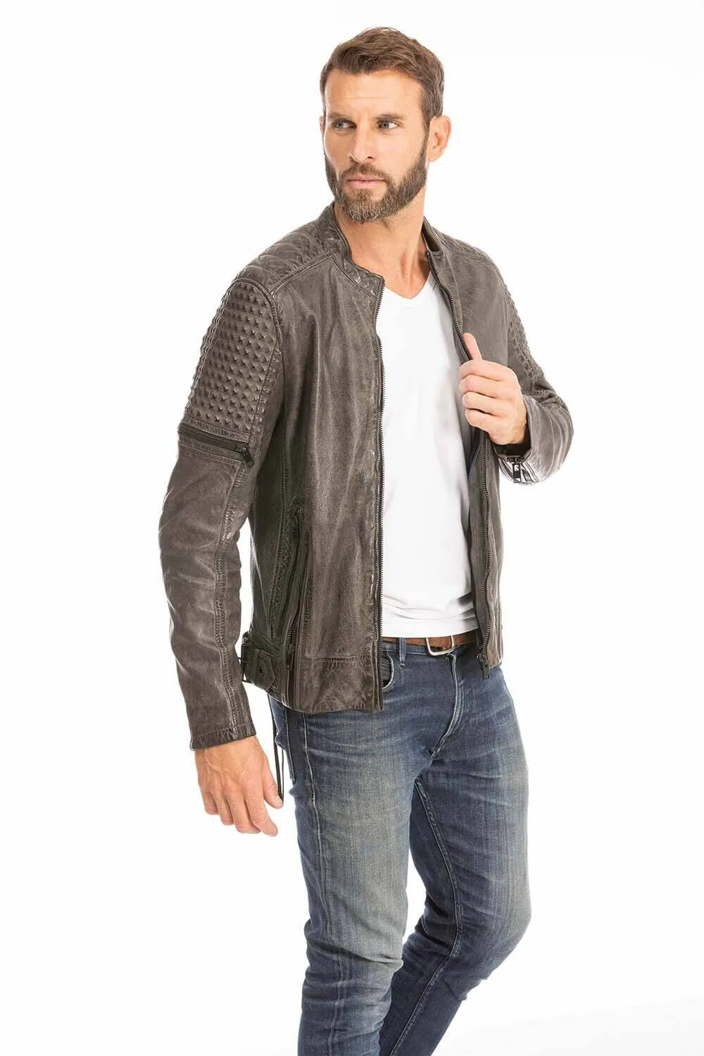 Gray men's biker style leather jacket trend