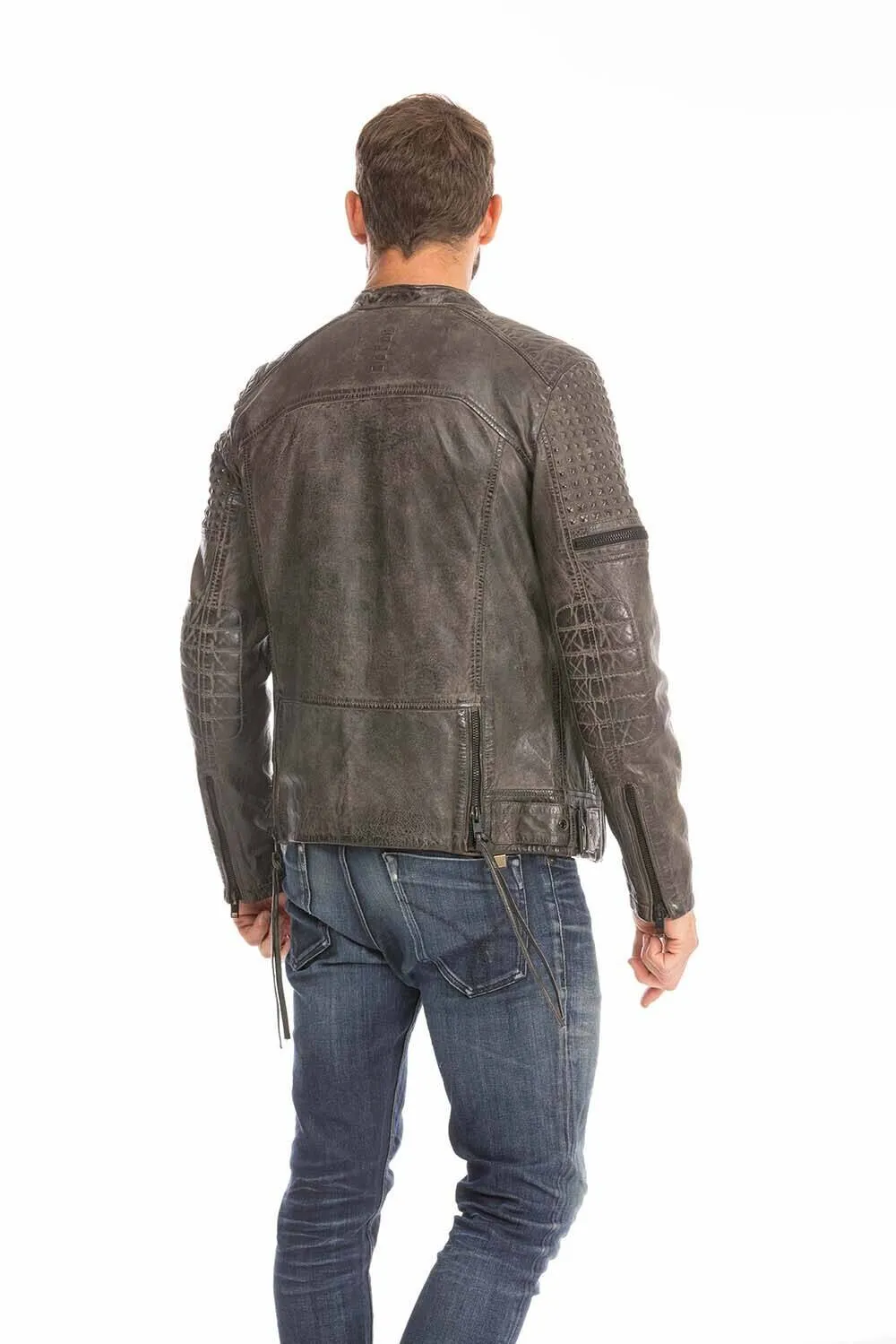 Gray men's biker style leather jacket trend