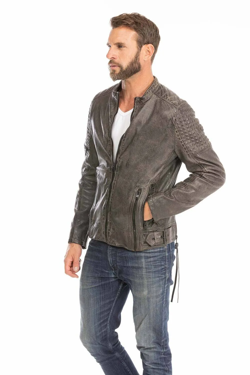 Gray men's biker style leather jacket trend