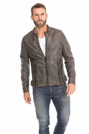 Gray men's biker style leather jacket trend