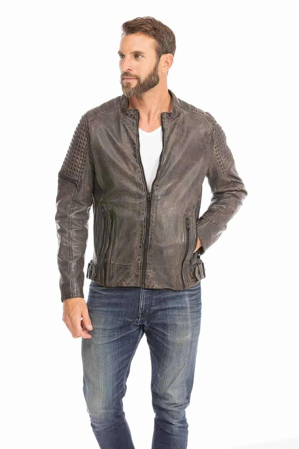 Gray men's biker style leather jacket trend