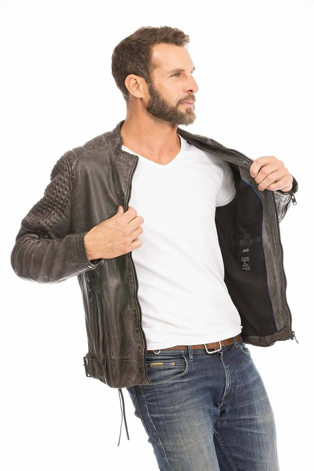 Gray men's biker style leather jacket trend