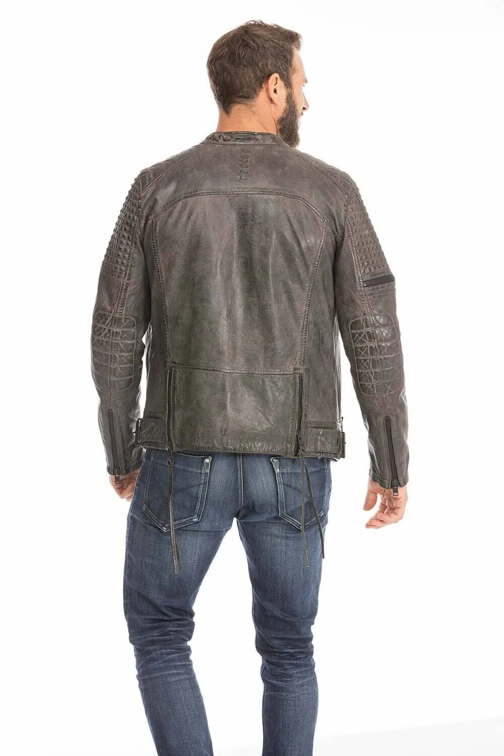 Gray men's biker style leather jacket trend