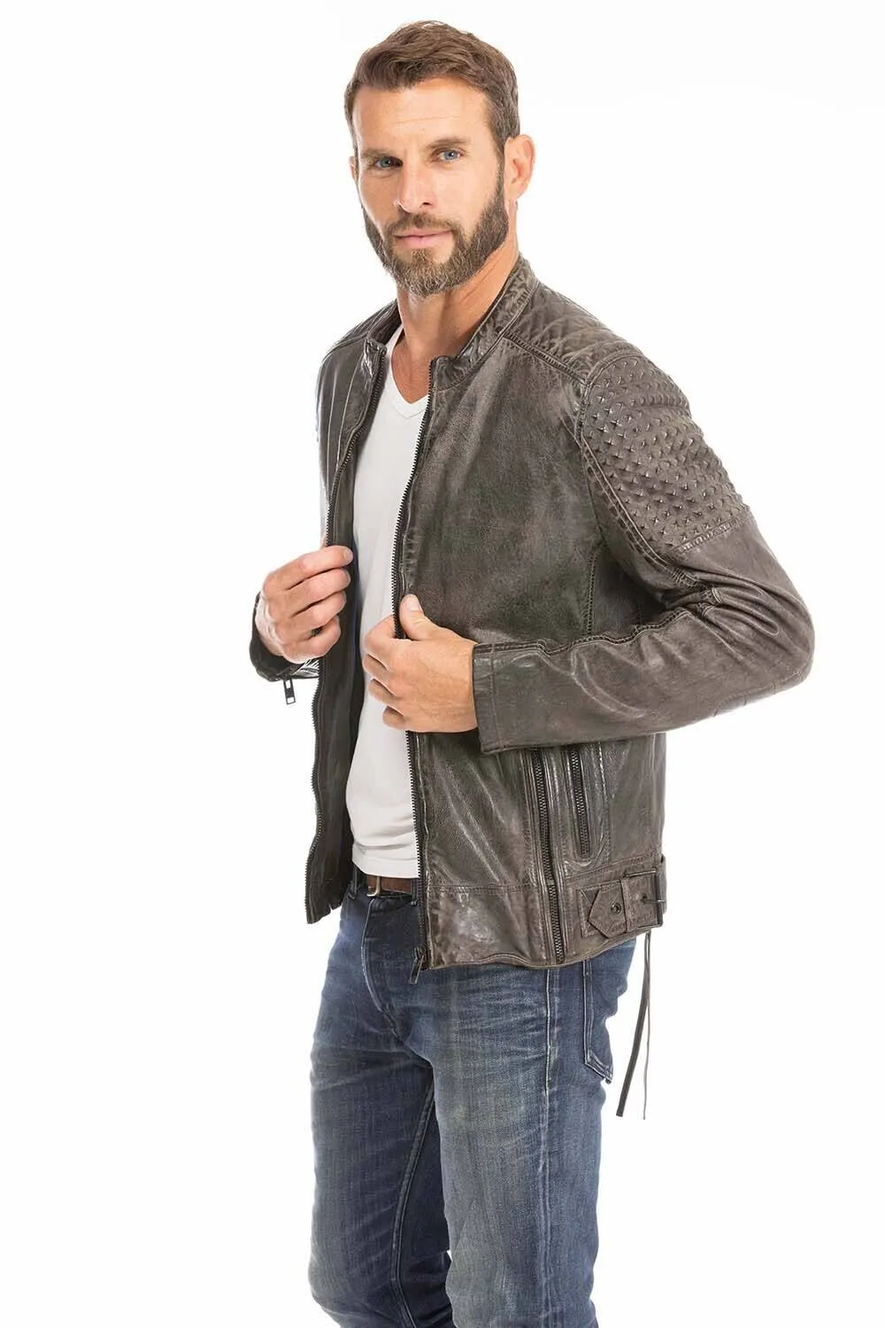 Gray men's biker style leather jacket trend