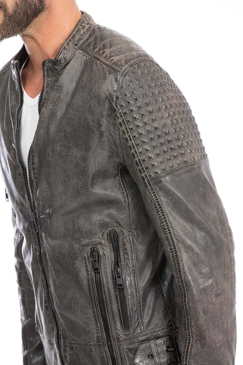 Gray men's biker style leather jacket trend