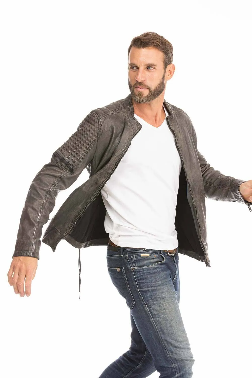 Gray men's biker style leather jacket trend