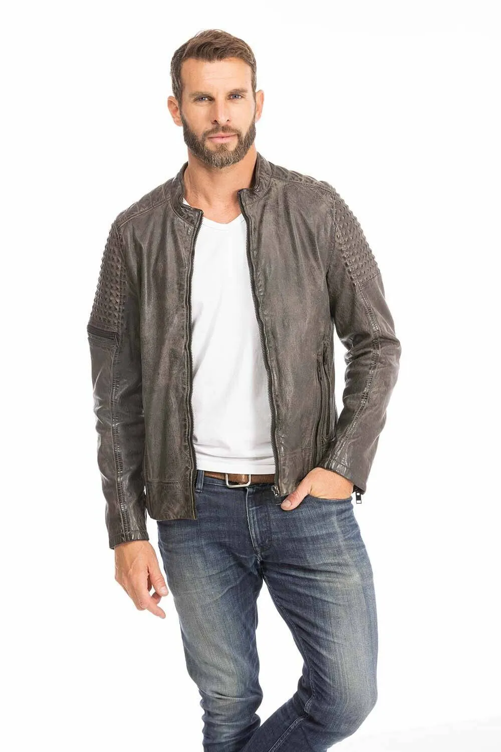 Gray men's biker style leather jacket trend