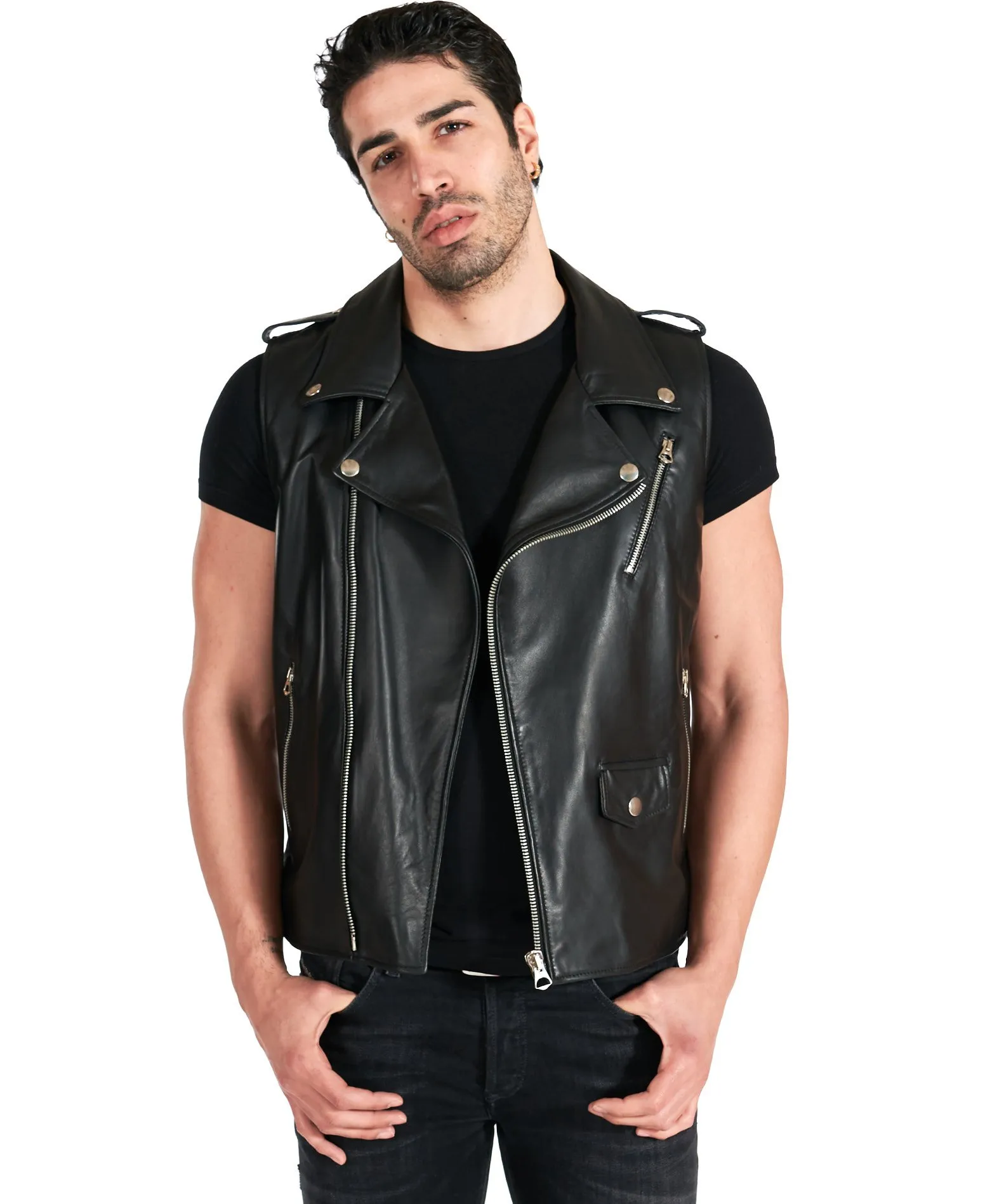 Leather Black Men's Sleeveless Vest.