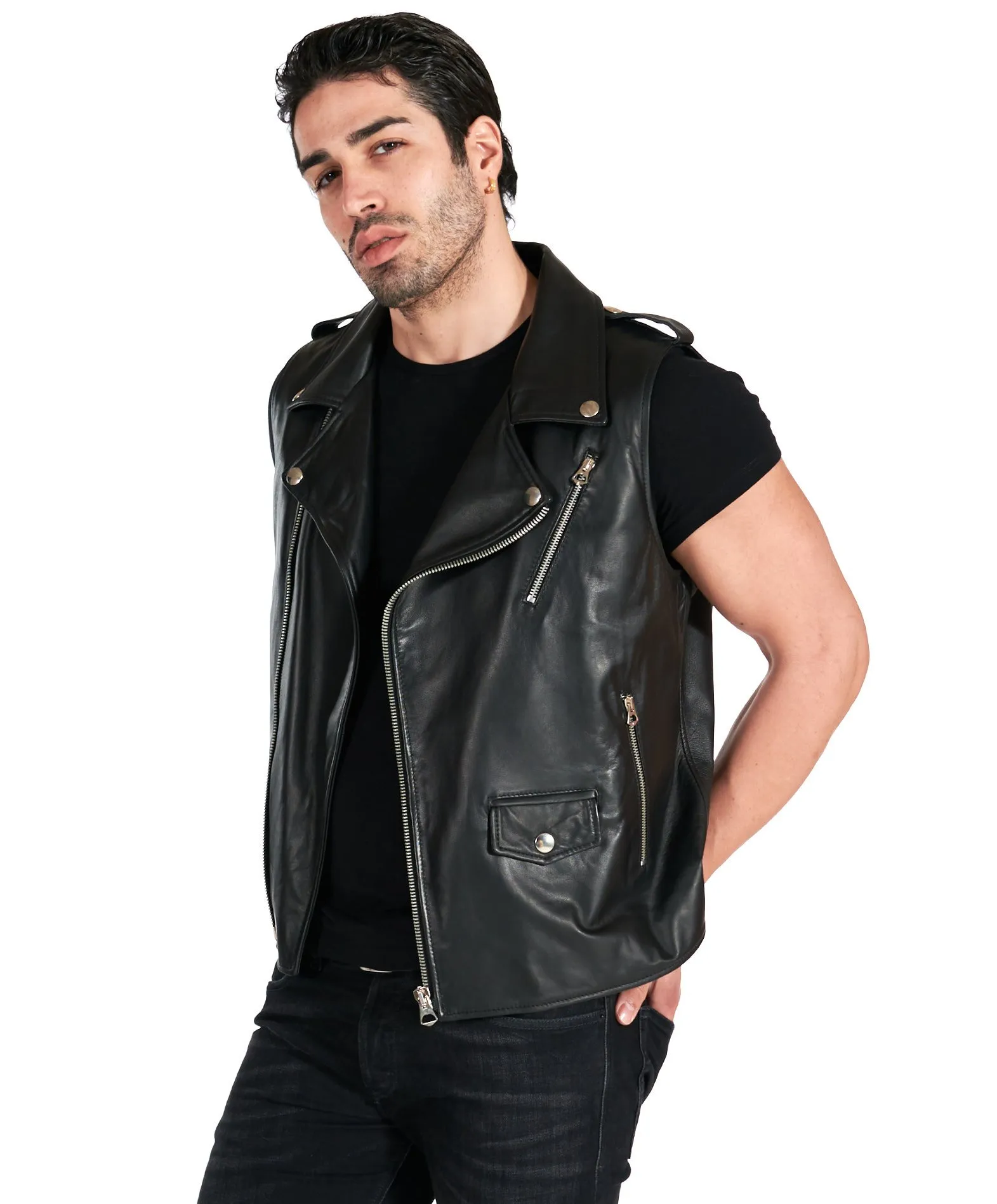 Leather Black Men's Sleeveless Vest.