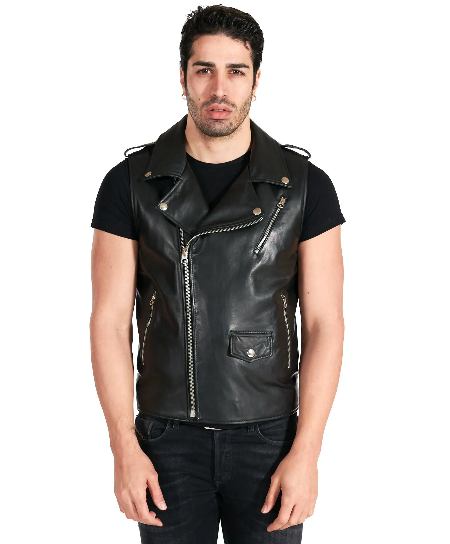 Leather Black Men's Sleeveless Vest.