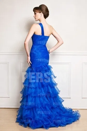 Blue Fitted Asymmetrical Ruffle Evening Dress