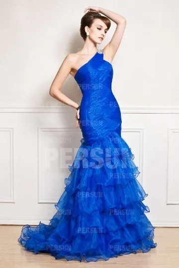 Blue Fitted Asymmetrical Ruffle Evening Dress