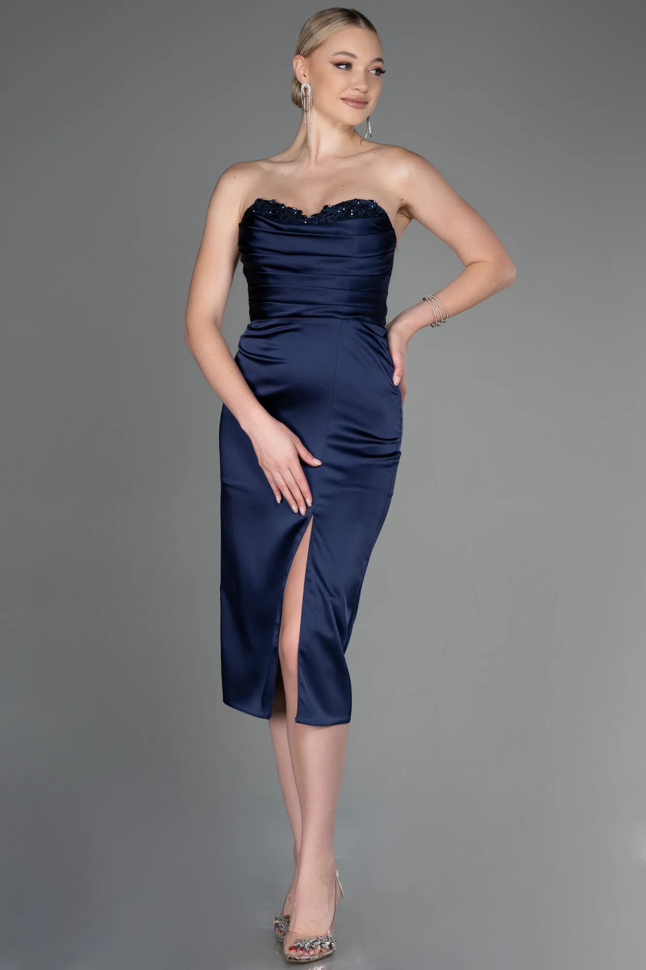 Blue Saxe Satin Midi Ceremony Dress ABK1845.