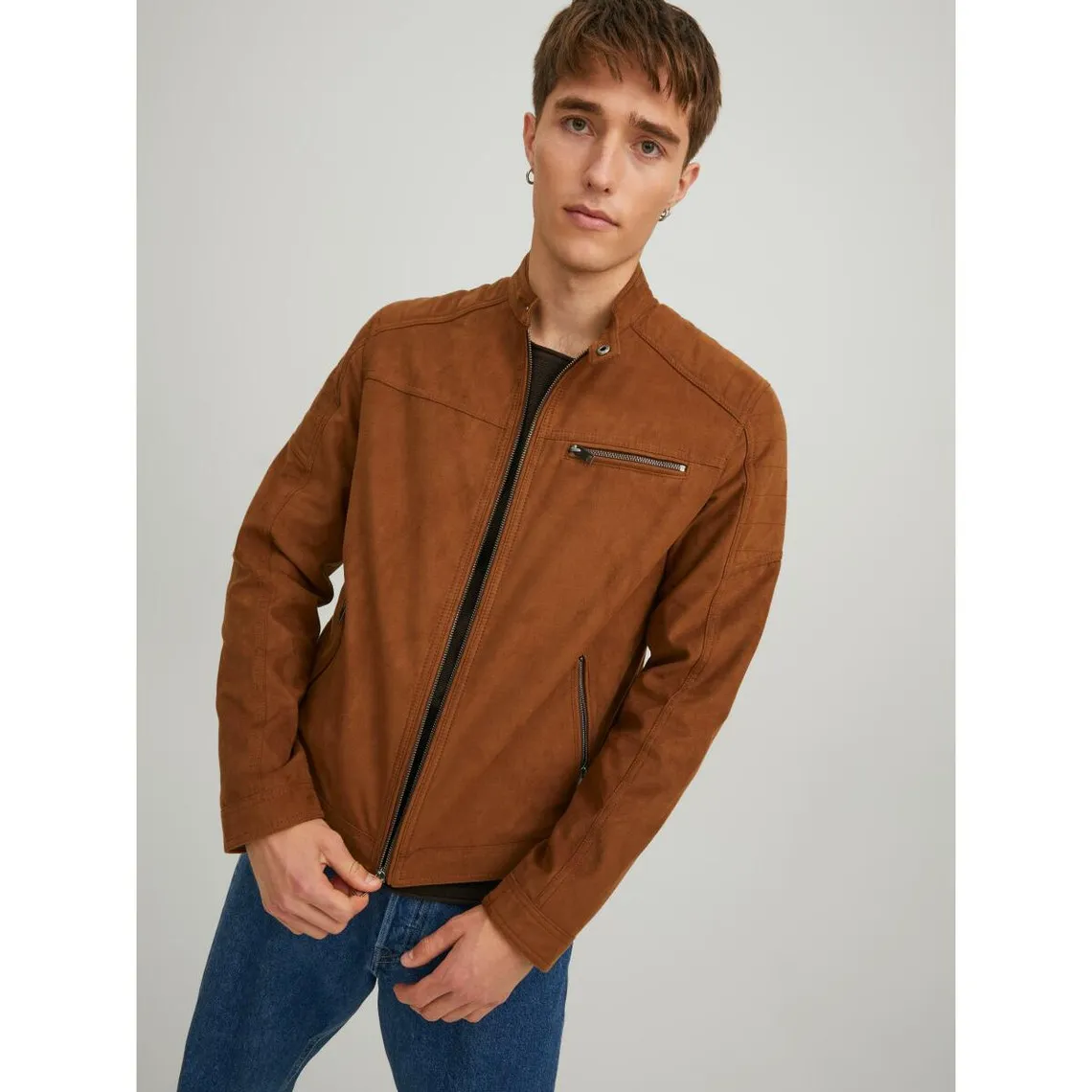 Brown Faux Leather Biker Jacket with High Collar Long Sleeves Levi Xavi | 3 Suisses.