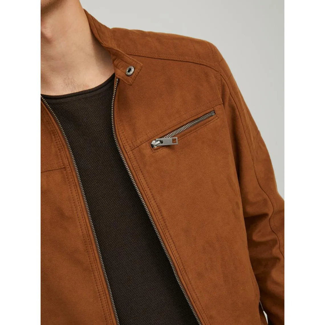 Brown Faux Leather Biker Jacket with High Collar Long Sleeves Levi Xavi | 3 Suisses.