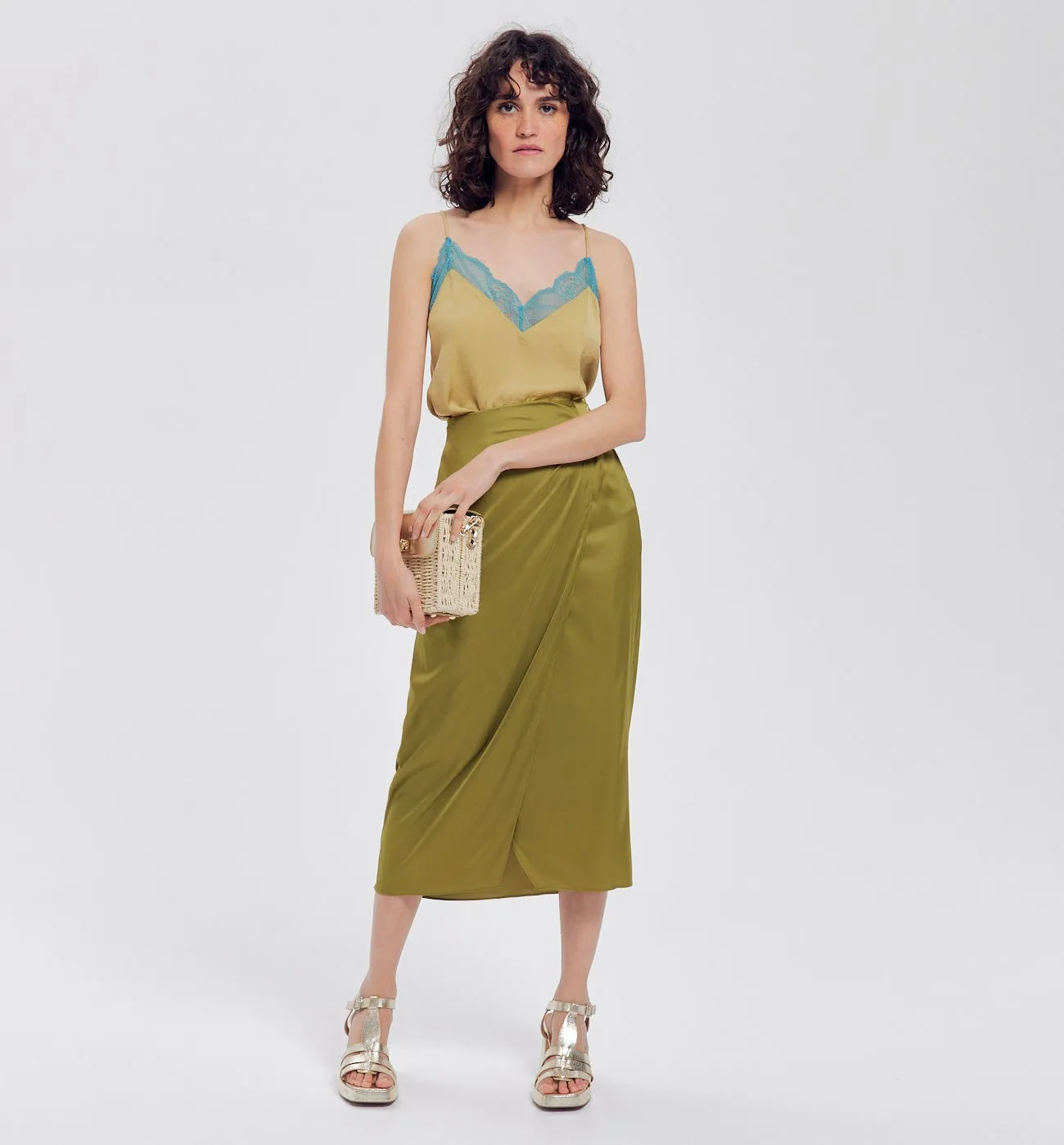 Brown Satin Midi Skirt Women
