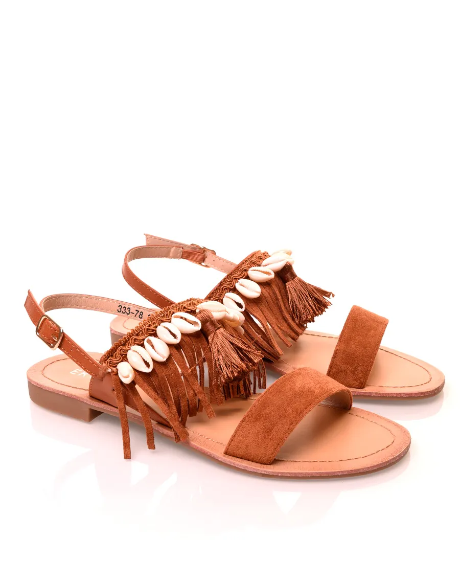 Camel Suede Fringe Sandals with Shell Accents