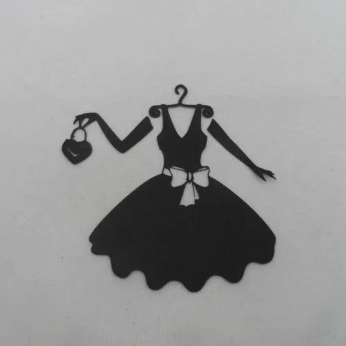 Chic dress on hanger with 2 long gloves and small black paper bag in 3 pieces