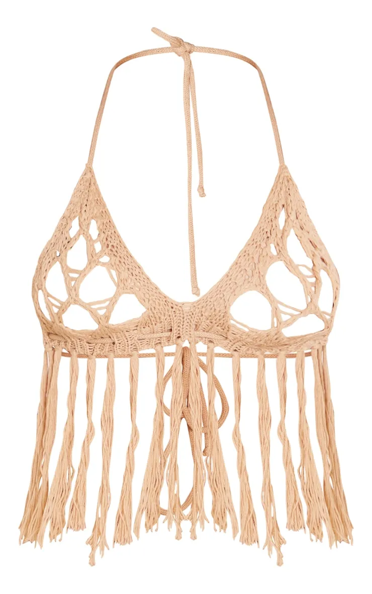 Crocheted knit mesh fringe bralette in sable color.